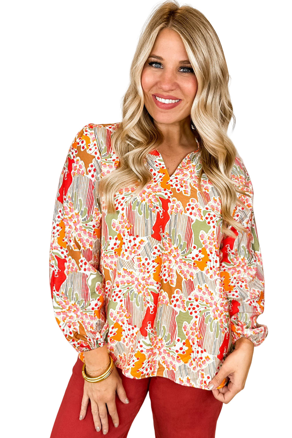 Orange Printed Floral Abstract Print Frilled V Neck Plus Size Blouse