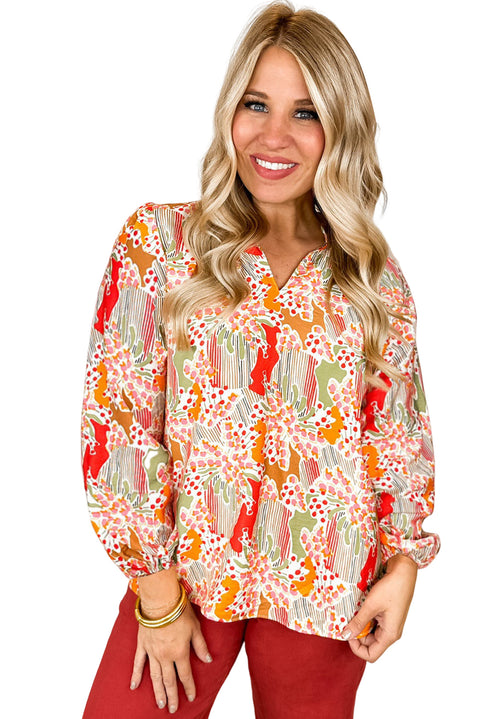 Orange Printed Floral Abstract Print Frilled V Neck Plus Size Blouse