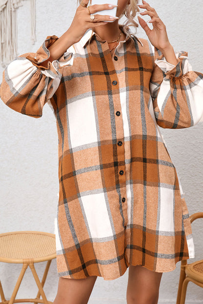 Brown Plaid Pattern Collared Neck Ruffled Sleeve Shirt Dress