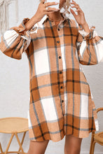 Vestido camisero de manga con volantes y cuello con cuello con estampado de cuadros marrón 