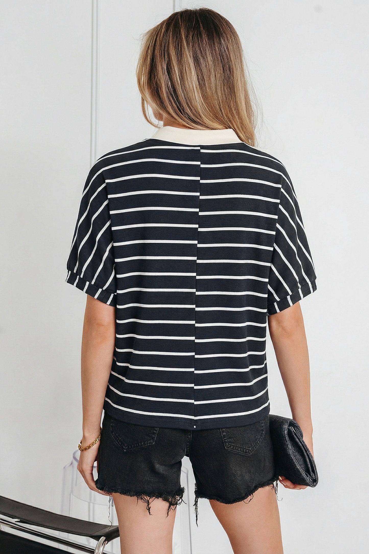 Black Stripe Stand Collar V Neck Elastic Cuffs Half Sleeve Dolman Top