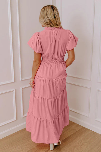Bright Green Solid Color V Neck Short Puff Sleeve High Waist Tiered Maxi Dress