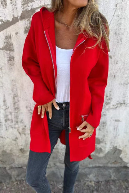 Manteau à capuche zippé décontracté de couleur unie rouge feu