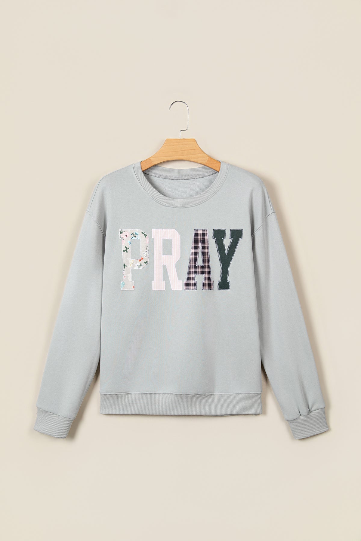 Gray Floral Buffalo Plaid Striped Embroidered Patch Western Pullover Sweatshirt