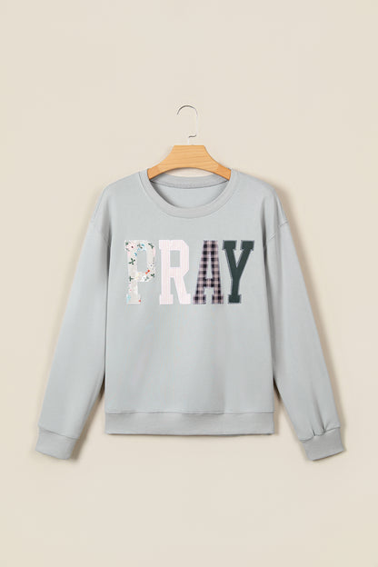 Gray Floral Buffalo Plaid Striped Embroidered Patch Western Pullover Sweatshirt