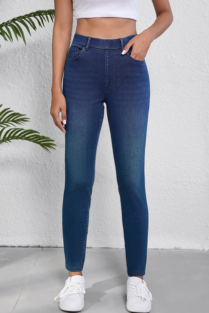 Jean décontracté Ashleigh bleu à poches multiples, coupe droite, délavé, extensible et en tricot