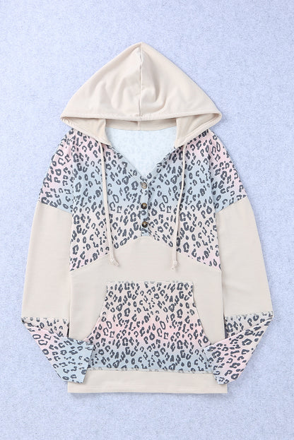 Leopard Patchwork Buttons Hooded Sweatshirt with Pocket