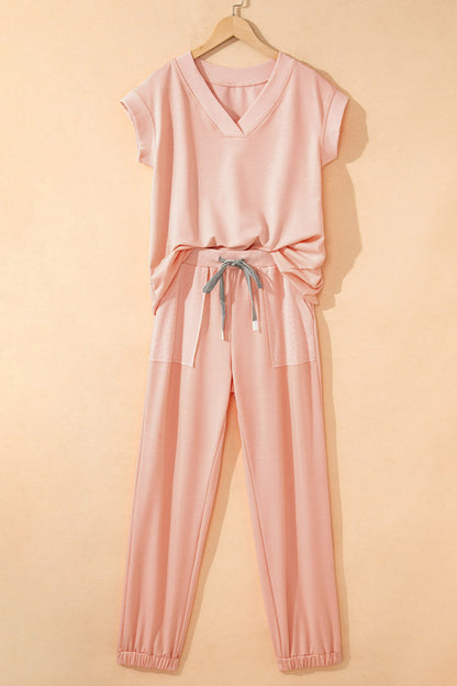 Apricot Pink Solid Color V Neck Tee Drawstring Pant Set