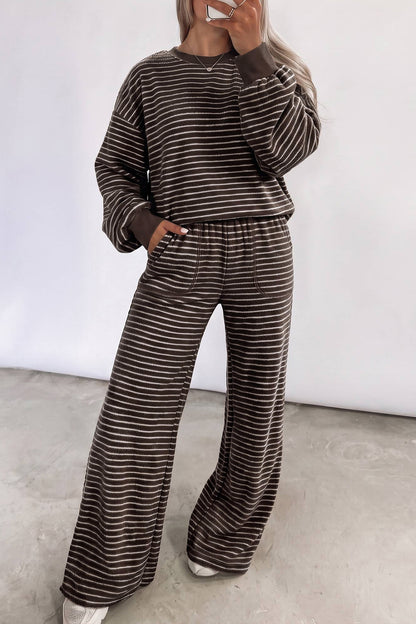 Brown Stripe Cozy Terry Knit Long Sleeve Pullover Pocketed Shift Pants 2pcs Sets