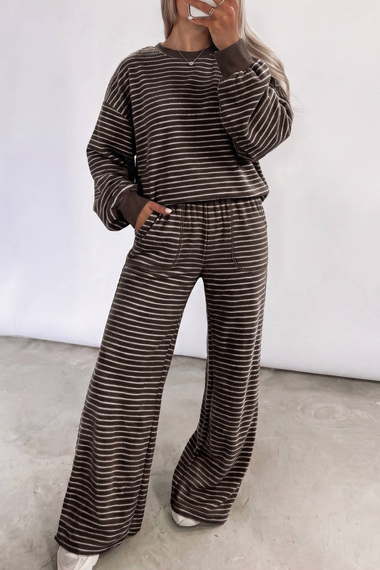 Brown Stripe Cozy Terry Knit Long Sleeve Pullover Pocketed Shift Pants 2pcs Sets