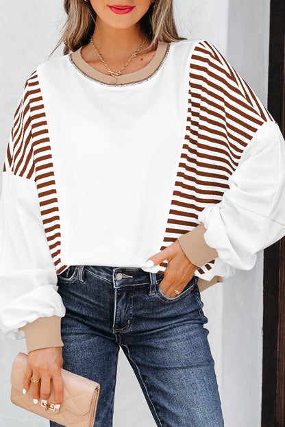 Brown Stripe Colorblock Patchwork Contrast Stitching Oversize Sweatshirt