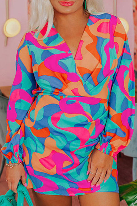 Vestido de manga larga con sobrepelliz plisado y estampado abstracto de talla grande multicolor