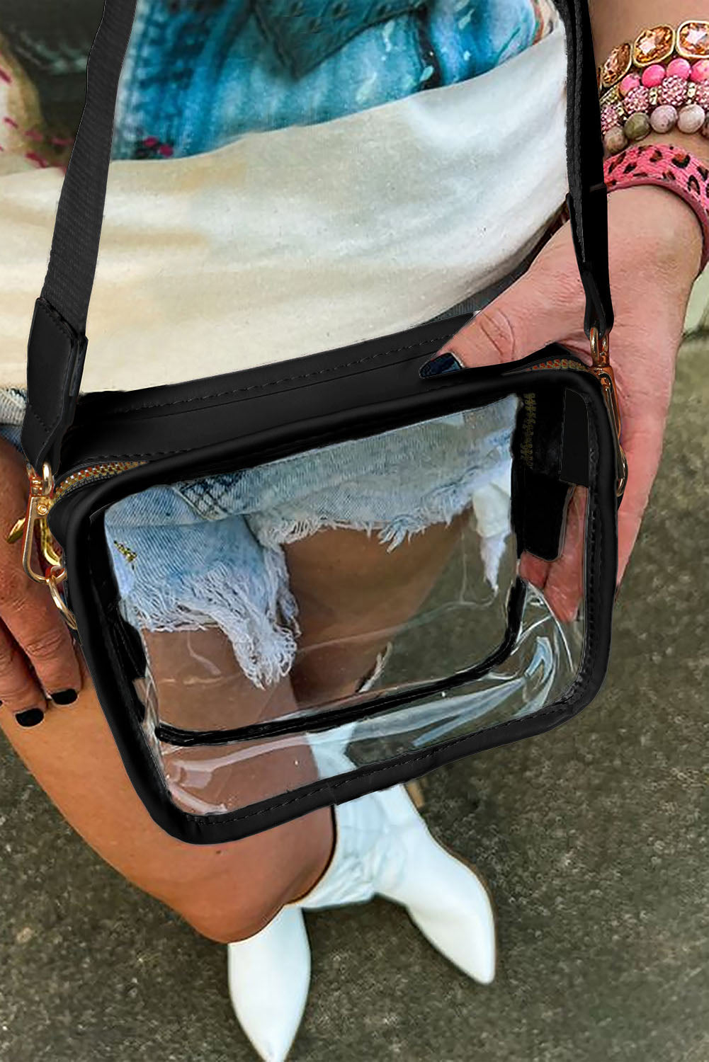 Bolso bandolera con correa de cuero de PVC transparente blanco