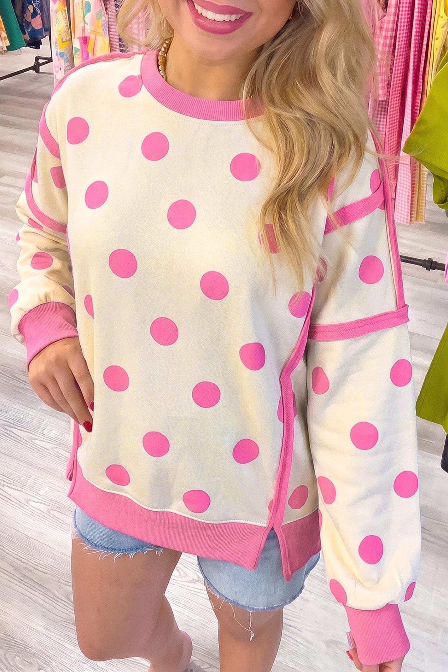 Yellow Polka Dot Contrast Patchwork Round Neck Baggy Sweatshirt