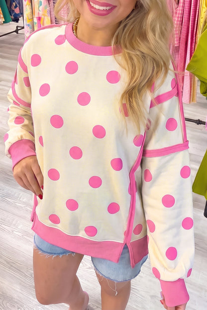 Yellow Polka Dot Contrast Patchwork Round Neck Baggy Sweatshirt