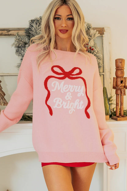 Gossamer Pink Drop Shoulder Round Neck Towel Embroidery Slogan Pullover Sweater