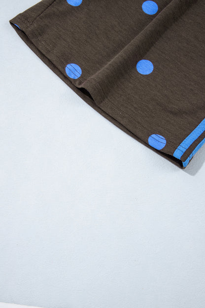 Brown Polka Dot Print Varsity Striped Detail Long Sleeve Top Short Set