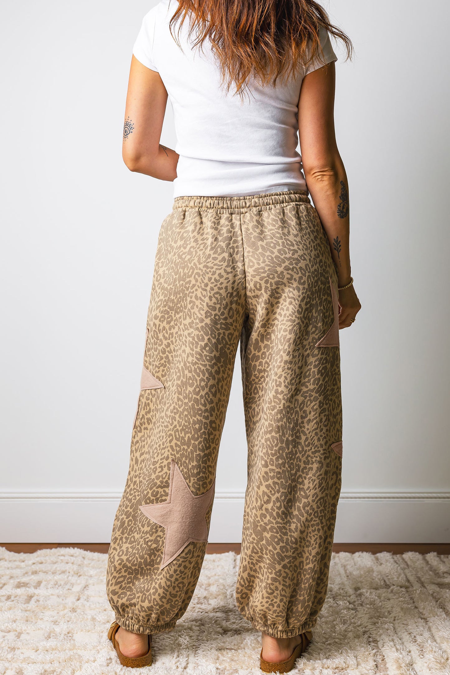 Khaki Leopard Print Star Patched Drawstring Elastic Waist Jogger Pants