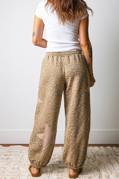 Khaki Leopard Print Star Patched Drawstring Elastic Waist Jogger Pants