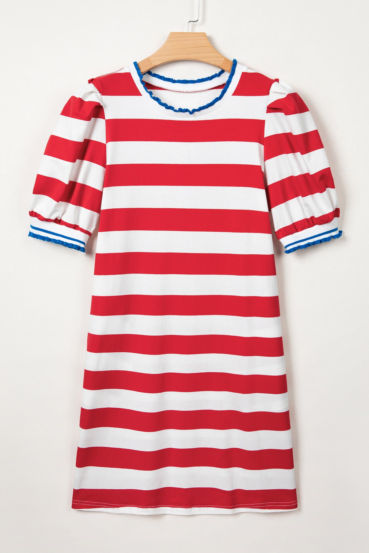 Red Stripe Contrast Trim Round Neck Short Puff Sleeve Shift Mini Dress
