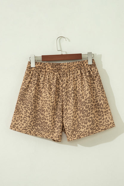 Khaki Leopard Drawstring Elastic Waist Star Patched Shorts