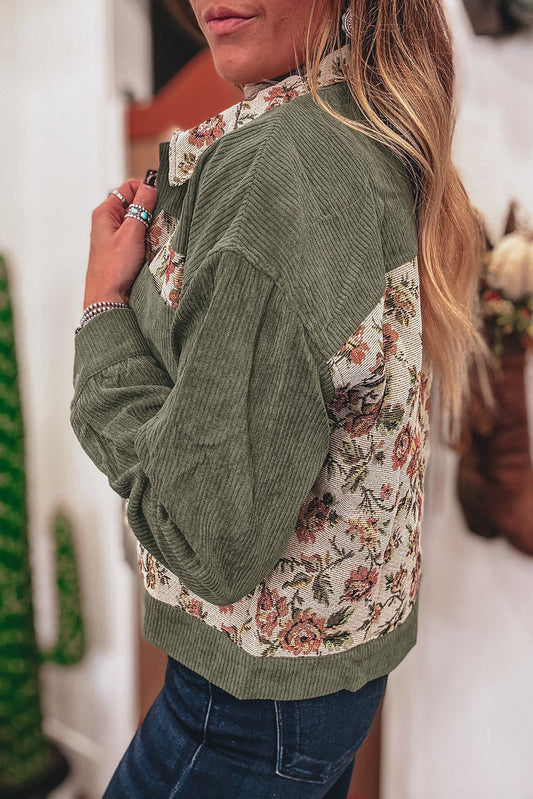 Sage Green Ribbed Retro Floral Patchwork Shirt Style Jacket