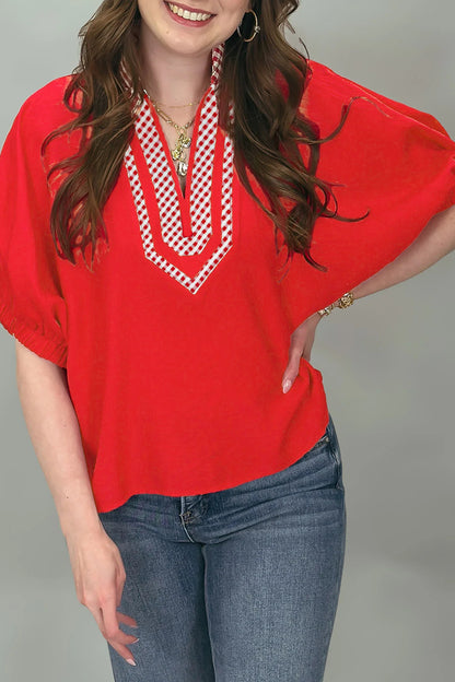 Red V Neck Plaid Collar Short Sleeve Tunic Blouse