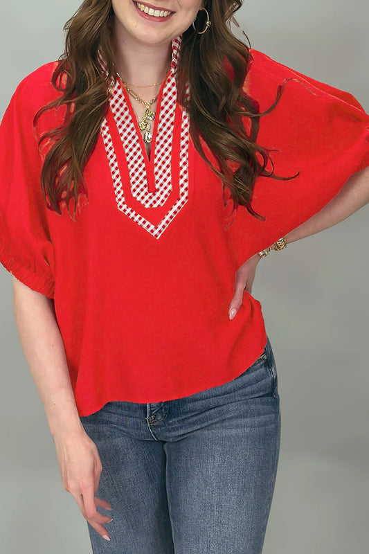 Red V Neck Plaid Collar Short Sleeve Tunic Blouse