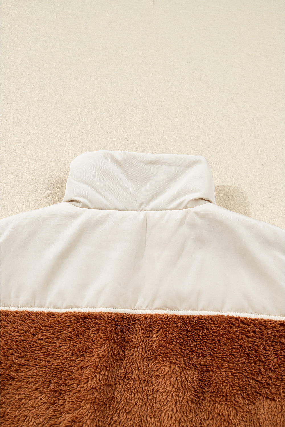 Chestnut Color Block Plush Patchwork Zipper Stand Neck Vest