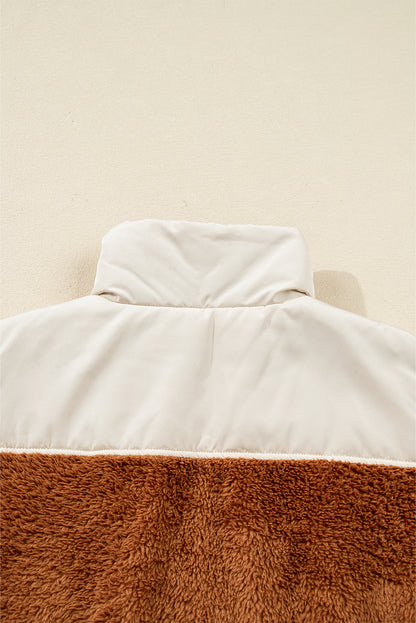 Chestnut Color Block Plush Patchwork Zipper Stand Neck Vest