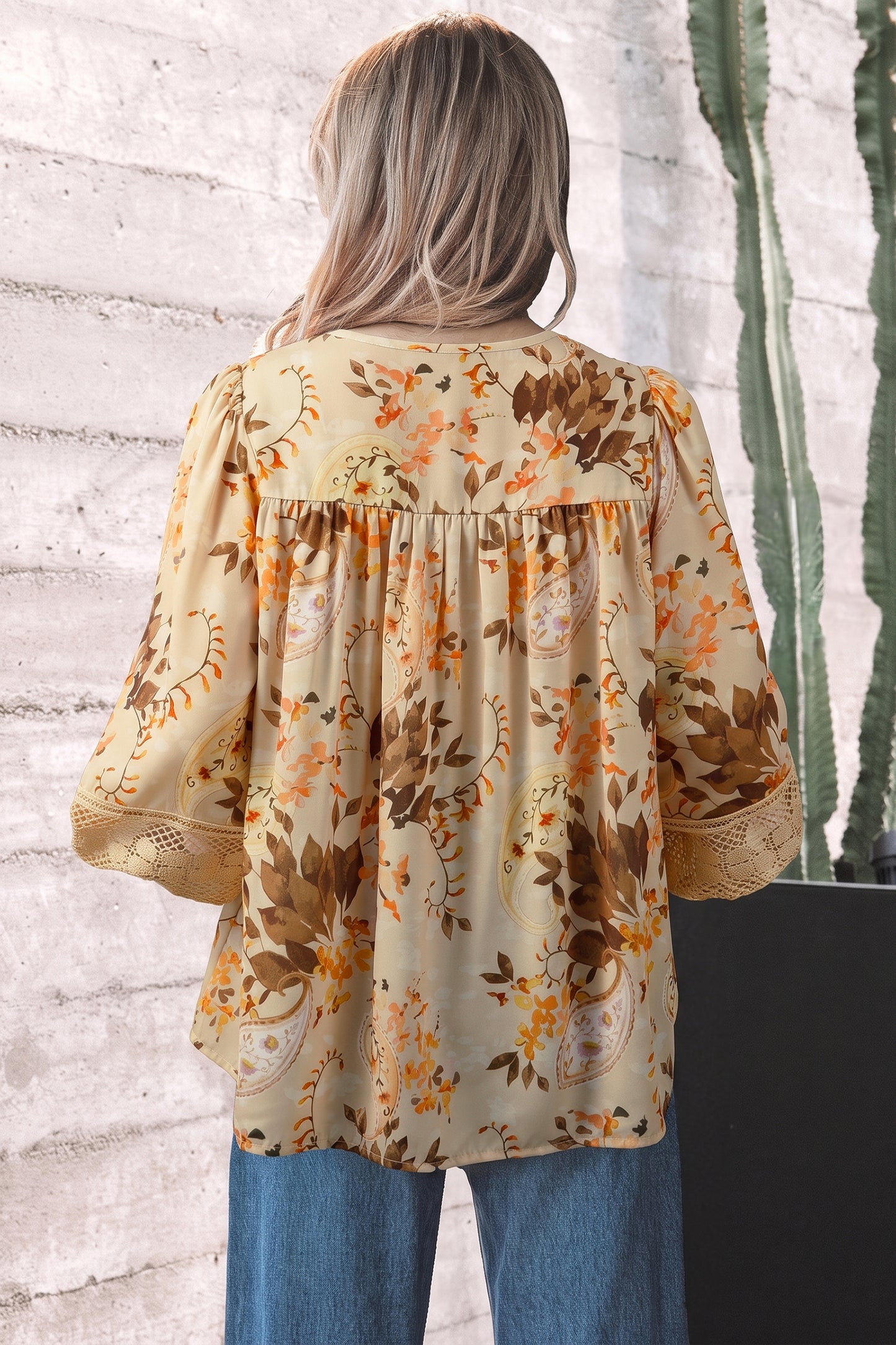 Khaki Paisley Print Decorative Binding Tape V Neck Shift Blouse