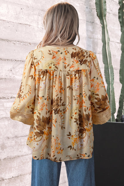 Khaki Paisley Print Decorative Binding Tape V Neck Shift Blouse