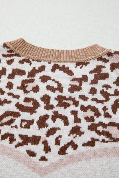 Straw Yellow Leopard Color Block Knit Round Neck Baggy Sweater