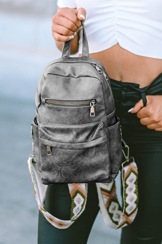 Gray Double Zipper Faux Leather Backpack