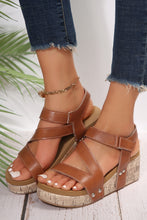 Chestnut Hollow Out Velcro Leather Wedge Sandals