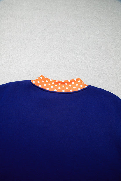 Sail Blue Polka Dot Letter Print Contrast Trim Mock Neck Sweatshirt