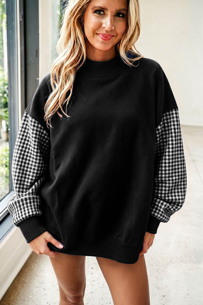 Black Plaid Sleeve Colorblock Loose Tunic Sweatshirt