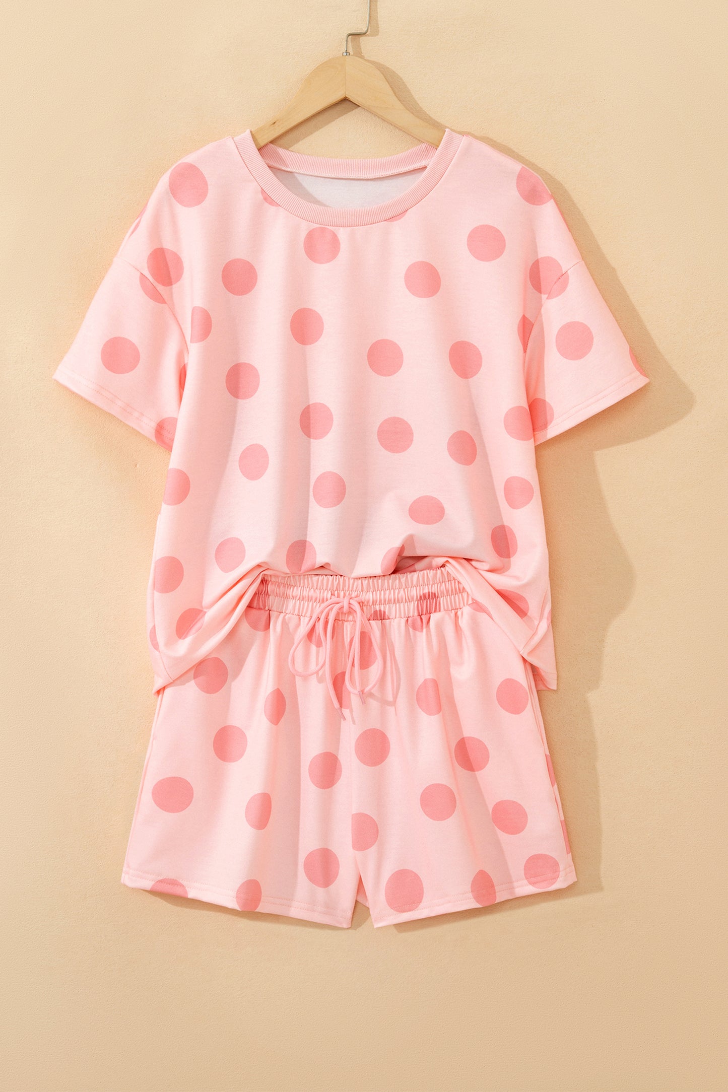 Black Polka Dot Print Loose Tee Drawstring Elastic Waist Short Set