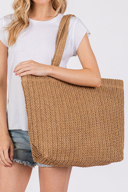 Camel Solid Color Straw Woven Summer Beach Tote Bag