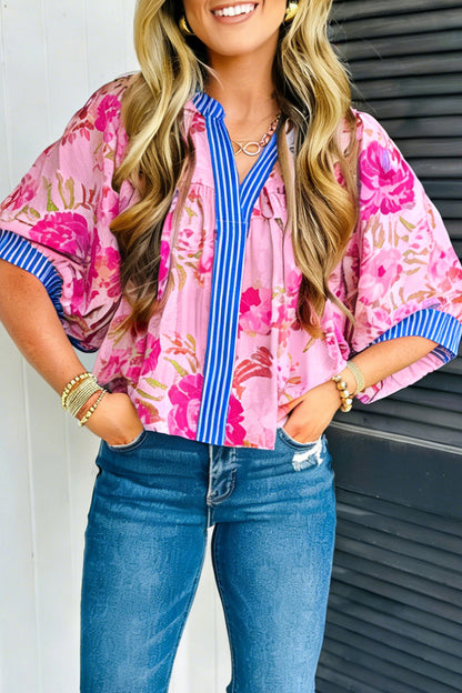 Multicolour Floral Half Sleeve Striped Trim V Neck Blouse