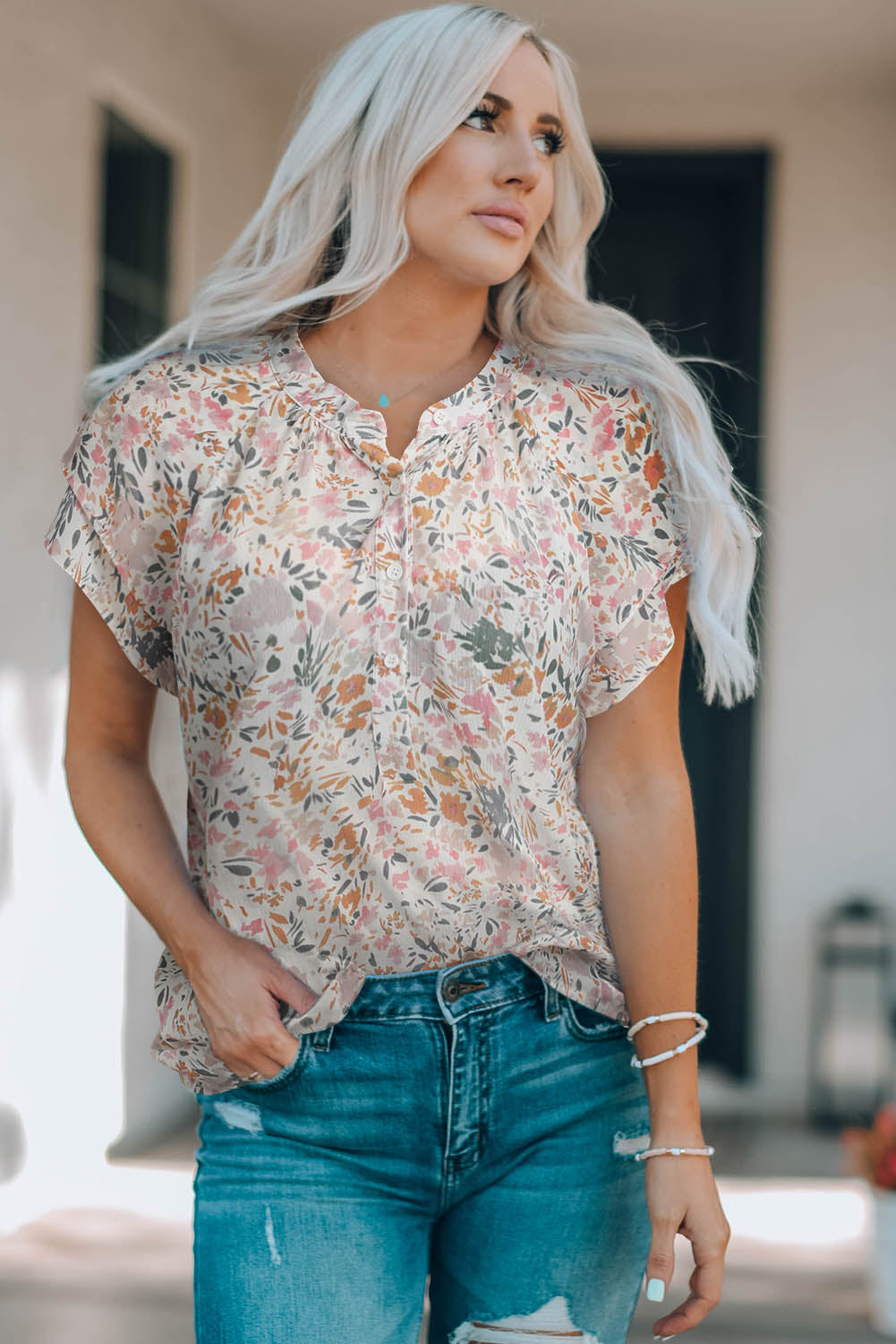 Top con cuello mandarín floral multicolor 