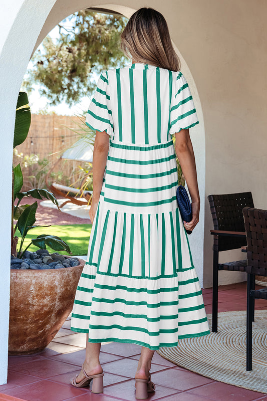 Green Stripe Ricrac Trim Notched Neck Half Sleeve Vacation Dress