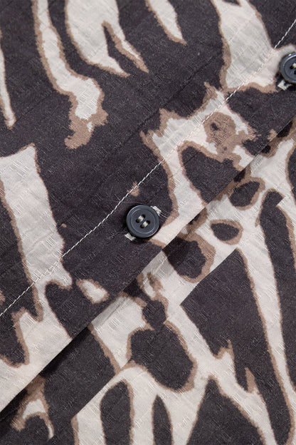 Parchment Leopard Print V Neck Button Down Balloon Sleeve Shirt
