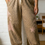 Khaki Plus Size Leopard Print Western Star Patched Jogger Pants