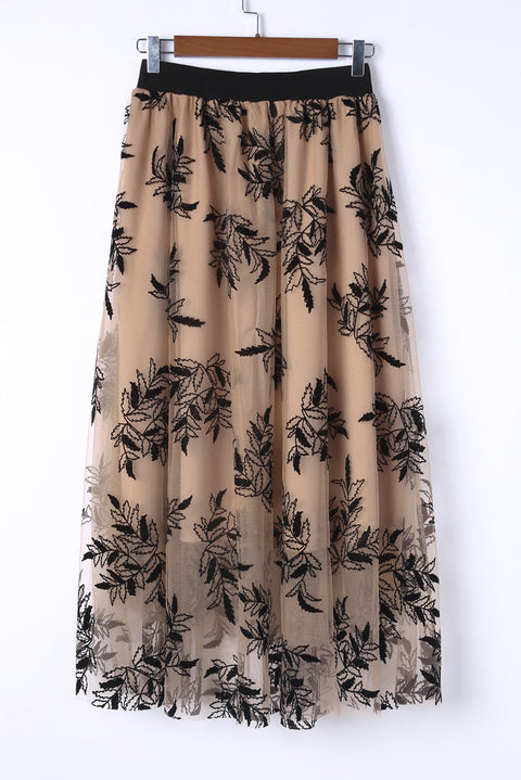 Falda larga de cintura alta con bordado de hojas florales
