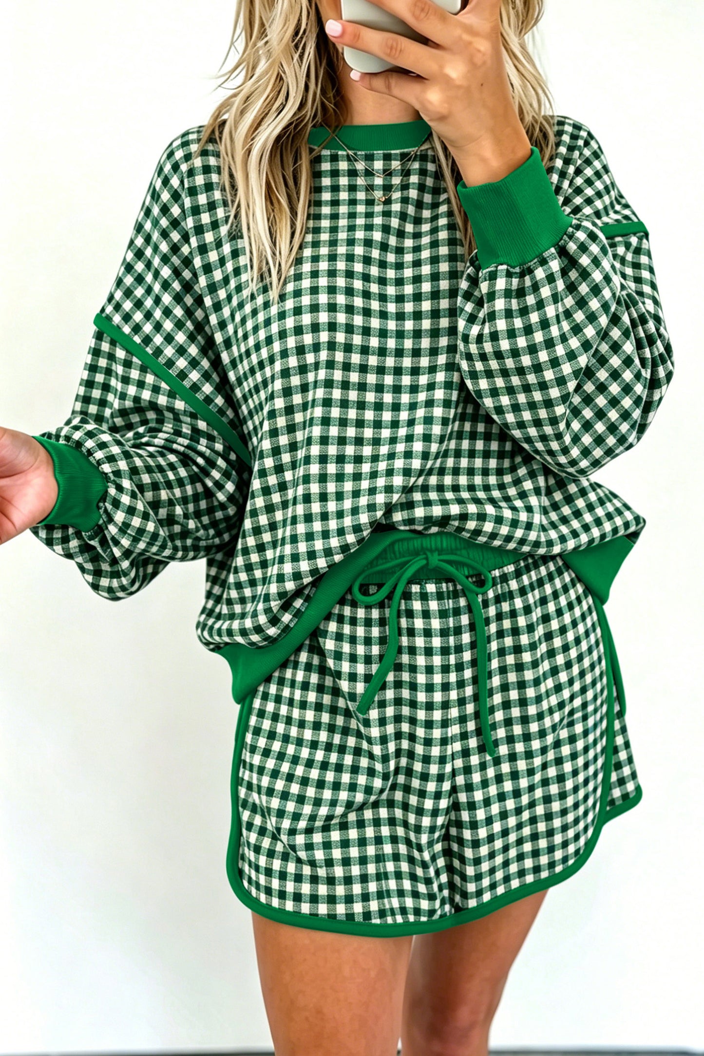 Green Gingham Oversized Ribbed Trim Crew Neck Long Sleeve Top and Skort Set