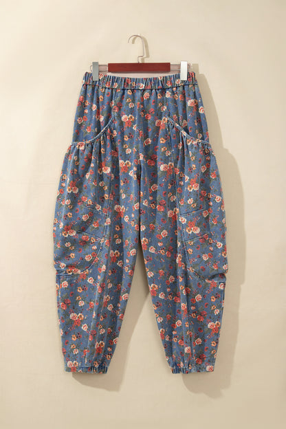 Beau Blue Retro Floral Print Elastic Waist Pocketed Barrel Jeans