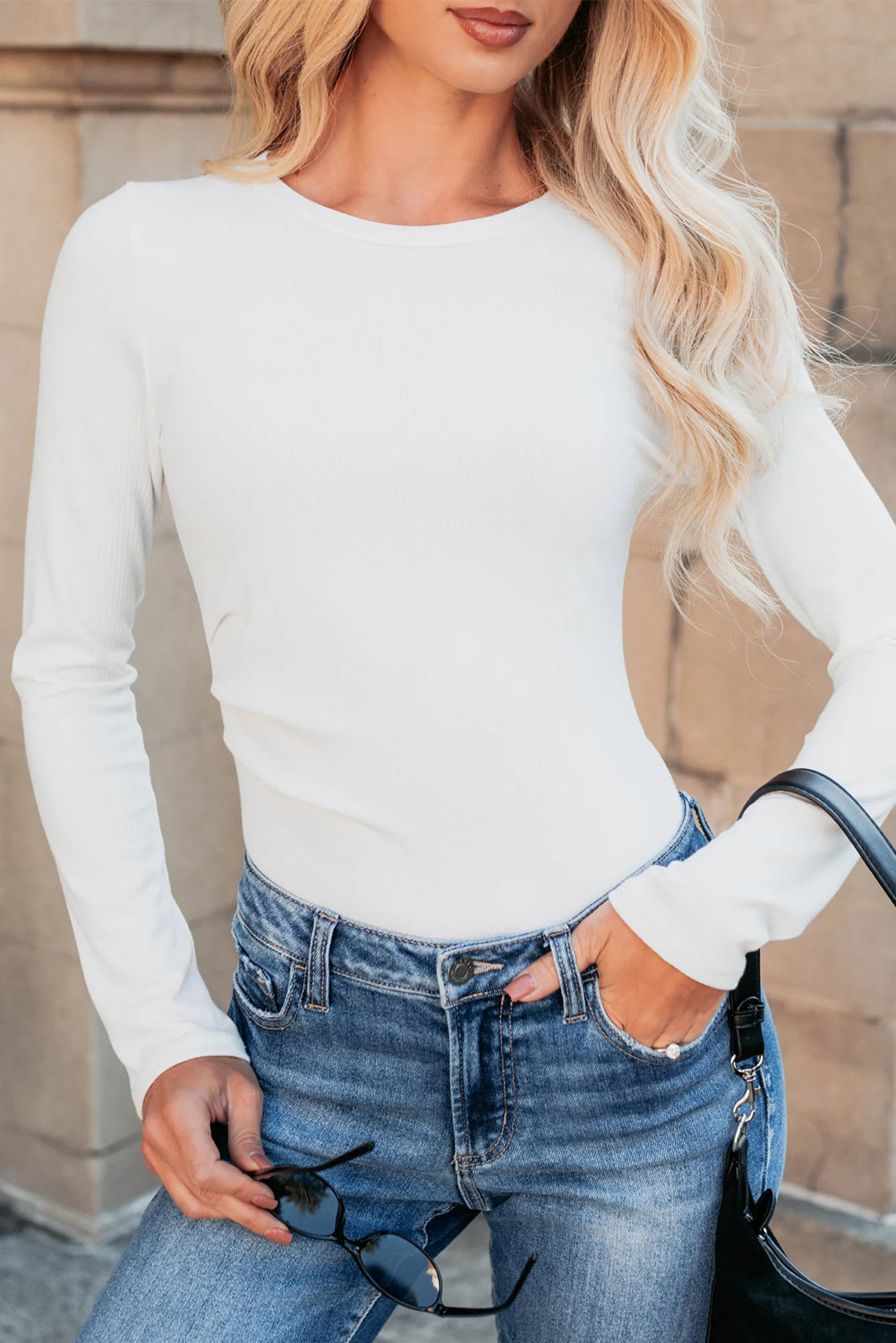 Dearlovers Black Ribbed Long Sleeve Crew Neck Solid Color Bodysuit