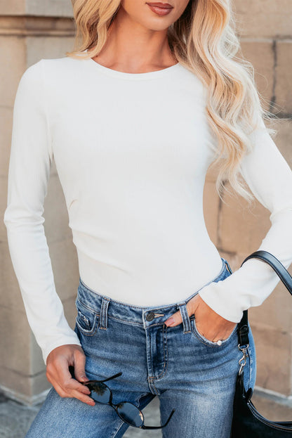 Dearlovers Black Ribbed Long Sleeve Crew Neck Solid Color Bodysuit