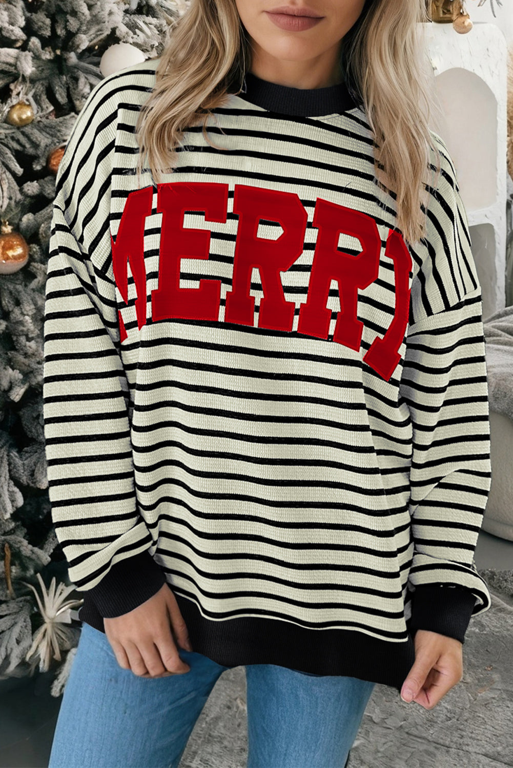 White Stripe Contrast MERRY Letter Christmas Print Drop Shoulder Sweatshirt